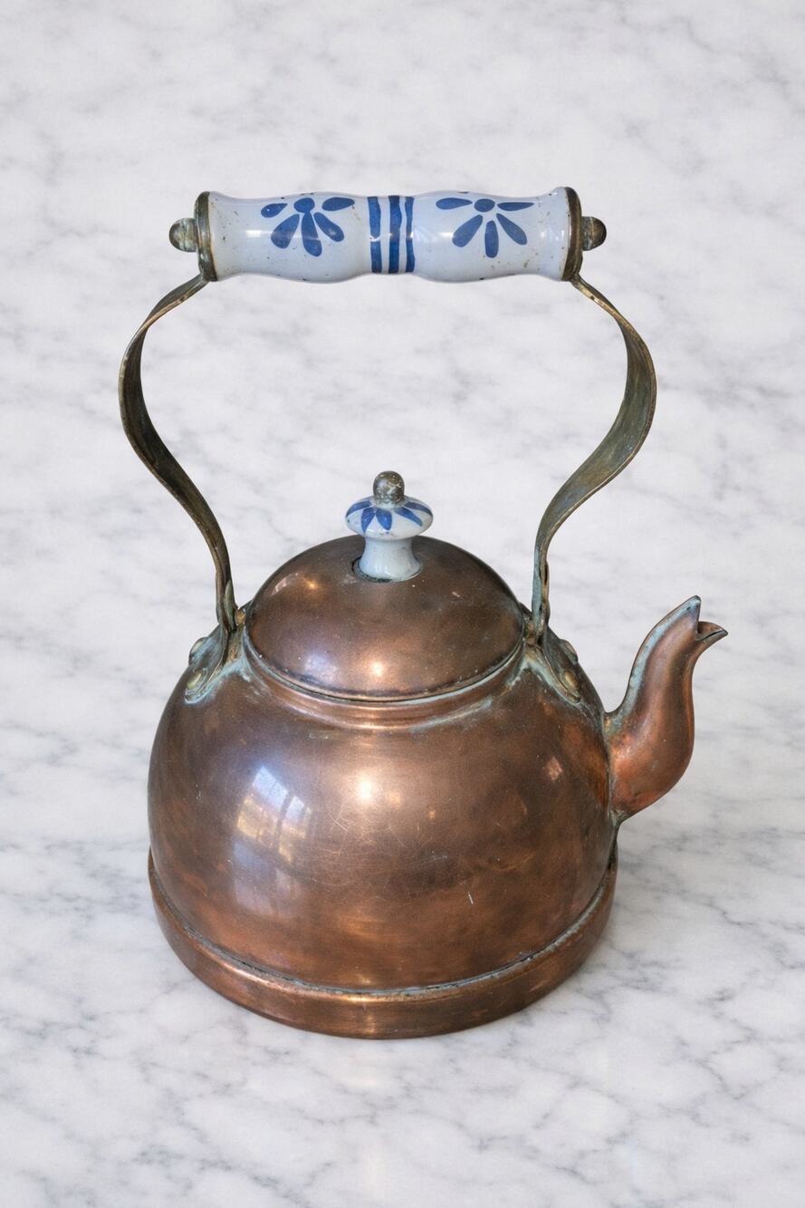 Vintage Copper Teapot with Blue Floral Ceramic Handle and Lid